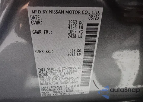 2025 Nissan Altima Sv from USA, damaged, VIN 1N4BL4DV2SN415488
